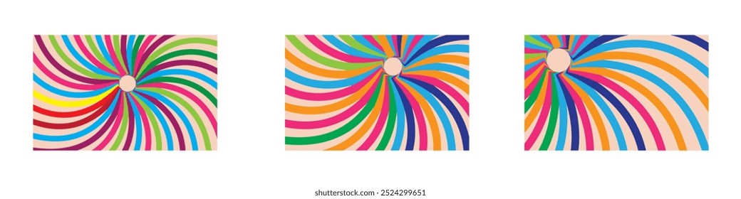 Retro Groovy Sun Background Set. Abstract Wave Ray Pattern in Trendy 70s Style. Boho Colorful Groovy Sun Psychedelic Vintage Background. Graphic Fun Hippie Poster. Abstract Summer Wallpaper.
