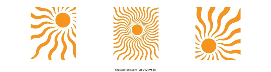 Retro Groovy Sun Background Set. Abstract Wave Ray Pattern in Trendy 70s Style. Boho Colorful Groovy Sun Psychedelic Vintage Background. Graphic Fun Hippie Poster. Abstract Summer Wallpaper.