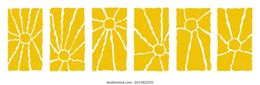Retro Groovy Sun Background Set. Abstract Wave Ray Pattern in Trendy 70s Style. Boho Colorful Groovy Sun Psychedelic Vintage Background. Graphic Fun Hippie Poster. Abstract Summer Wallpaper.