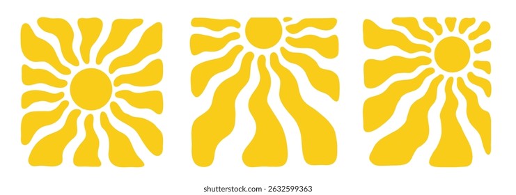 Retro Groovy sun background set. Abstract Wave Ray Patterns in Trendy 70s Style. Groovy psychedelic sunburst design Funky graphic hippie illustration vector