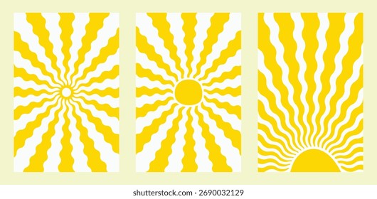 Retro Groovy Sonnenhintergrund Set. Vertikale wellenförmige Vektorgrafik in gelben Farben.