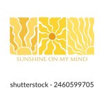 Retro groovy sun background  with text message. Abstract sunray pattern in trendy bohemian 70s style. Aesthetic contemporary vector design for prints.