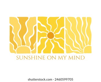 Retro groovy sun background  with text message. Abstract sunray pattern in trendy bohemian 70s style. Aesthetic contemporary vector design for prints.