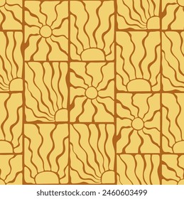 Retro groovy sun backgrounds. Abstract sunrays seamless pattern. Vector aesthetic contemporary illustration for textile prints.