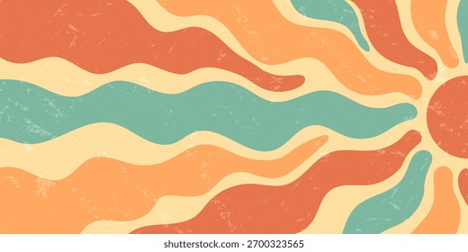 Plano de fundo abstrato estourado do sol groovy retro com formas de onda laranja e amarela. O estilo de luz solar Grunge e a mistura de cores y2k formam um humor retrô arrojado. Padrão horizontal para visuais criativos de verão.