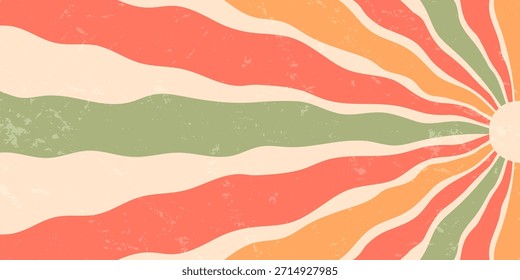 Retro sol groovy estalló de fondo plano con explosión de sol, rayos de sol ondulados en tonos amarillos y naranjas. Los Elementos Y2k y grunge se fusionan para un sentimiento vintage, ideal para un diseño de Fondo de pantalla abstracto y juguetón en
