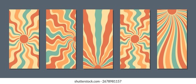 Retro groovy sun burst pattern in abstract style with vertical layout set. Orange and yellow wavy sunshine with y2k inspiration. sun background set creates a vibrant and playful visual effect.