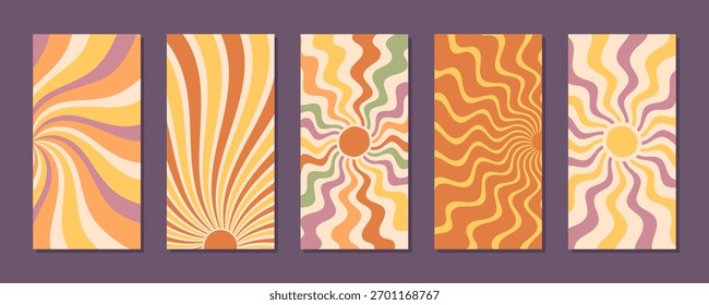 Padrão de explosão solar groovy retrô definido com fundo ondulado, redemoinho e efeito de onda em laranja e amarelo. A estética Y2k combina formas de sol para um gráfico com uma vertical energética e moderna