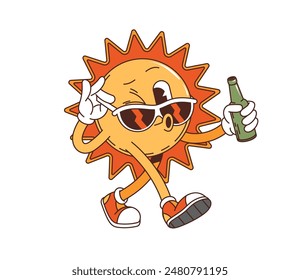 Carácter de sol retro groovy con botella de bebida de jugo y gafas de sol con estilo. Personaje solar aislado del verano del Vector con la expresión viva, despreocupada y los rayos, realzando las vibraciones alegres de las vacaciones de las vacaciones