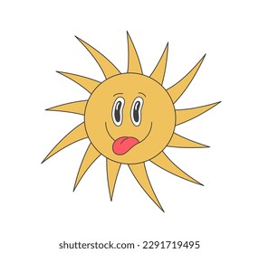 Retro groovy sun crazy character show tongue. Psychedelic hippie old funny solar mascot. Abstract vintage hippy smiley sticker. Trendy y2k pop culture smiling sunny hipster symbol. Vector trippy print