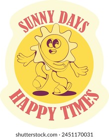 Retro groovy sun mascot character sticker