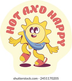 Retro groovy sun mascot character sticker