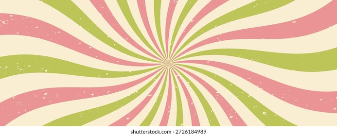 Retro groovy sun ray background with swirl wave. Spiral candy starburst burst pattern. Comic texture bg