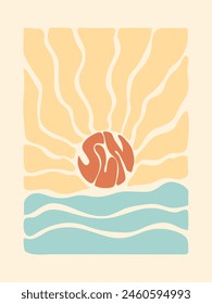 Retro groovy sun rays and beach  pattern. 70s style sunbeams summer texture for wall prints. Aesthetic contemporary art for different purposes.