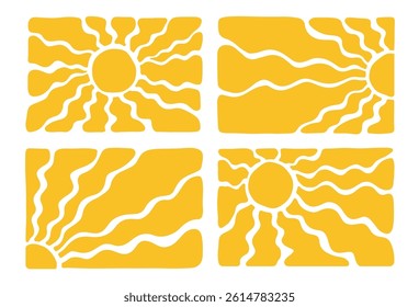 Retro Groovy Sun Set. Abstract Wave Rays in Trendy 70s Style. Boho Colorful Groovy Sun Psychedelic Vintage Background. Graphic Fun Hippie clipart. Abstract Summer Wallpaper. Flat hand drawn Vector