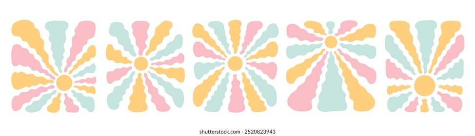 Retro groovy sun set, flat simple style, vector illustration. Sun isolated on white background. Abstract sun with wavy rays. Vintage elements for posters, banners design. Trendy 60s 70s hippie