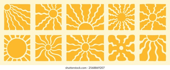 Retro groovy sun set. Yellow vector wavy geometric sunshine 60s, 70s. vintage style. abstract background in hippie style for logo, print, poster, social media. Vector illustration