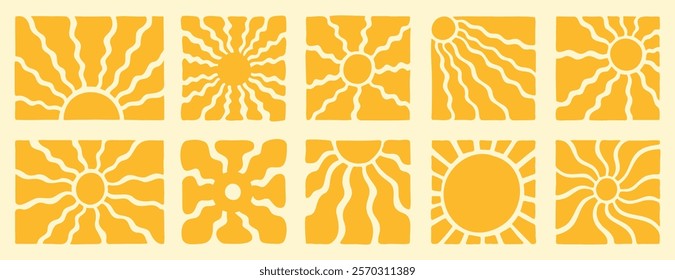 Retro groovy sun set. Yellow vector wavy geometric sunshine 60s, 70s. vintage style. abstract background in hippie style for logo, print, poster, social media. Vector illustration