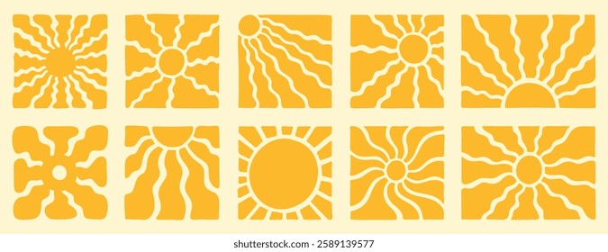 Retro groovy sun set. Yellow vector wavy geometric sunshine 60s, 70s. vintage style. abstract background in hippie style for logo, print, poster, social media. Vector illustration
