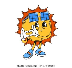 Retro groovy sun space character. Isolated cartoon vector sunny personage with joyful positive smile, solar panel sunglasses and vibrant rays, exude summer warmth and happiness heart shaped gesture