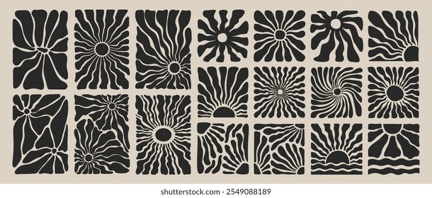 Fundo retro groovy sol ou sunburst, arte de flor hippie, banner de verão contemporâneo e padrão floral de doodle orgânico abstrato com textura grunge em estilo boho de anos 60 ou 70. Forma de folha botânica