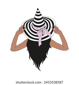 Retro groovy sun tanned brunette woman witch from the back in striped beach pointed hat vector illustration isolated on white. Hand drawn line art drawing style beachy female witch print poster