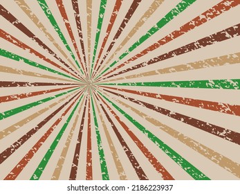 retro groovy sunburst background pattern in 60s hippy style grunge textured vintage color palette of blue orange red beige and brown in spiral or swirled radial striped starburst vector design