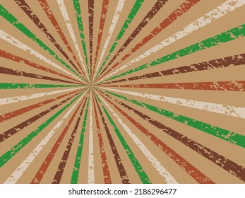 patrón de fondo retro groovy sunburst en la paleta de color vintage color grunge texturado de estilo hippy de color azul naranja rojo beige y marrón en el diseño vectorial de espiral o ráfaga radial rayada giratoria