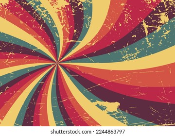 retro groovy sunburst background pattern in 60s hippy style grunge textured vintage color palette of blue orange red beige and brown in spiral or swirled radial striped starburst vector design