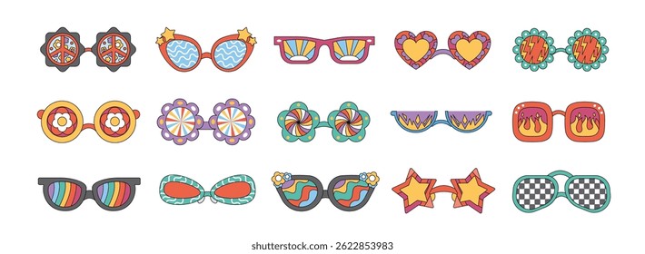 Retro groovy sunglasses. Cartoon hippie glasses. Vintage psychedelic 70s eyewear in different shapes with fire, flowers, stars, rainbow. Funky pattern. Vector party collection.