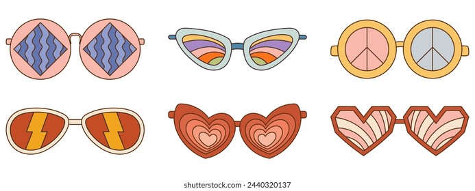 Retro Groovy sunglasses collection with different patterns. 1970's Vibe set