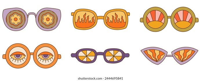 Retro Groovy sunglasses collection with different patterns. 1970s Vibe set