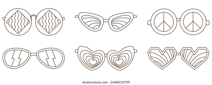 Retro Groovy sunglasses collection with different patterns black and white outline style. 1970's Vibe set