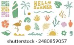 Retro Groovy Surf Club in trendy Boho style. Naive Geometric Summer Palm Tree. Simple background of sun sea. Retro Summer Beach Hand Drawn isolated illustration. Vintage Surf Club. Vector illustration