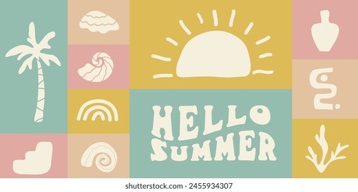 Retro Groovy Surf Club in trendy Boho style. Naive Geometric Summer Palm Tree. Simple background of sun sea. Retro Summer Beach Hand Drawn illustration. Vector illustration.