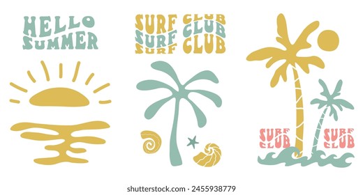 Retro Groovy Surf Club in trendy Boho style. Naive Geometric Summer Palm Tree. Simple background of sun sea. Retro Summer Beach Hand Drawn isolated illustration. Vintage Surf Club. Vector illustration