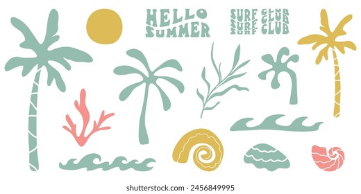 Retro Groovy Surf Club im trendigen Boho Stil. Naive geometrische Sommerpalme. Einfacher Hintergrund des Sonnenmeeres. Retro Summer Beach Handgezeichnete isolierte Abbildung. Klassischer Surfclub. Vektorillustration