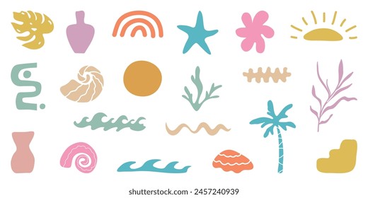  Retro Groovy Surf Club in trendy Boho style. Naive Geometric Summer Palm Tree. Simple background of sun sea. Retro Summer Beach Hand Drawn isolated illustration. Vintage Surf Club. Vector illustratio