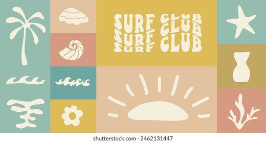 Retro Groovy Surf Club in trendy Boho style. Naive Geometric Summer Palm Tree. Simple background of sun sea. Retro Summer Beach Hand Drawn isolated illustration. Vintage Surf Club. Vector illustration