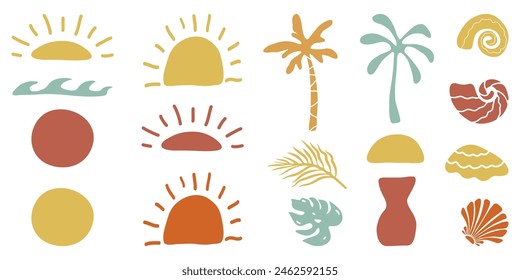 Retro Groovy Surf Club in trendy Boho style. Naive Geometric Summer Palm Tree. Simple background of sun sea. Retro Summer Beach Hand Drawn isolated illustration. Vintage Surf Club. Vector illustration