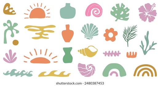 Retro Groovy Surf Club in trendy Boho style. Naive Geometric Summer Palm Tree. Simple background of sun sea. Retro Summer Beach Hand Drawn isolated illustration. Vintage Surf Club. Vector illustration