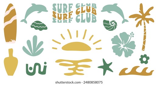 Retro Groovy Surf Club in trendy Boho style. Naive Geometric Summer Palm Tree. Simple background of sun sea. Retro Summer Beach Hand Drawn isolated illustration. Vintage Surf Club. Vector illustration