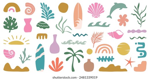 Retro Groovy Surf Club in trendy Boho style. Naive Geometric Summer Palm Tree. Simple background of sun sea. Retro Summer Beach Hand Drawn isolated illustration. Vintage Surf Club. Vector illustration