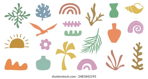 Retro Groovy Surf Club in trendy Boho style. Naive Geometric Summer Palm Tree. Simple background of sun sea. Retro Summer Beach Hand Drawn isolated illustration. Vintage Surf Club. Vector illustration