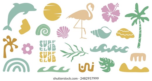 Retro Groovy Surf Club in trendy Boho style. Naive Geometric Summer Palm Tree. Simple background of sun sea. Retro Summer Beach Hand Drawn isolated illustration. Vintage Surf Club. Vector illustration