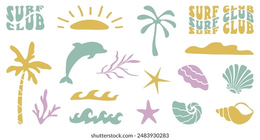 Retro Groovy Surf Club im trendigen Boho Stil. Naive geometrische Sommerpalme. Einfacher Hintergrund des Sonnenmeeres. Retro Summer Beach Handgezeichnete isolierte Abbildung. Klassischer Surfclub. Vektorillustration