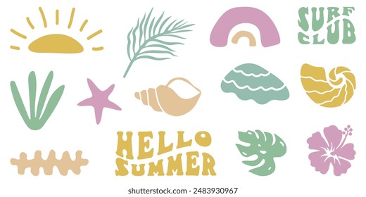 Retro Groovy Surf Club in trendy Boho style. Naive Geometric Summer Palm Tree. Simple background of sun sea. Retro Summer Beach Hand Drawn isolated illustration. Vintage Surf Club. Vector illustration