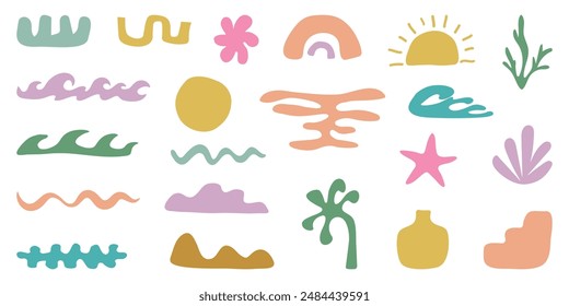 Retro Groovy Surf Club in trendy Boho style. Naive Geometric Summer Palm Tree. Simple background of sun sea. Retro Summer Beach Hand Drawn isolated illustration. Vintage Surf Club. Vector illustration