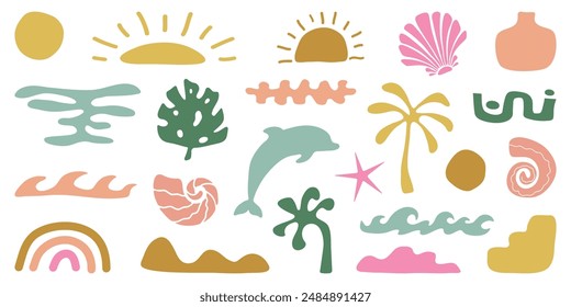 Retro Groovy Surf Club im trendigen Boho Stil. Naive geometrische Sommerpalme. Einfacher Hintergrund des Sonnenmeeres. Retro Summer Beach Handgezeichnete isolierte Abbildung. Klassischer Surfclub. Vektorillustration