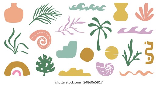 Retro Groovy Surf Club in trendy Boho style. Naive Geometric Summer Palm Tree. Simple background of sun sea. Retro Summer Beach Hand Drawn isolated illustration. Vintage Surf Club. Vector illustration